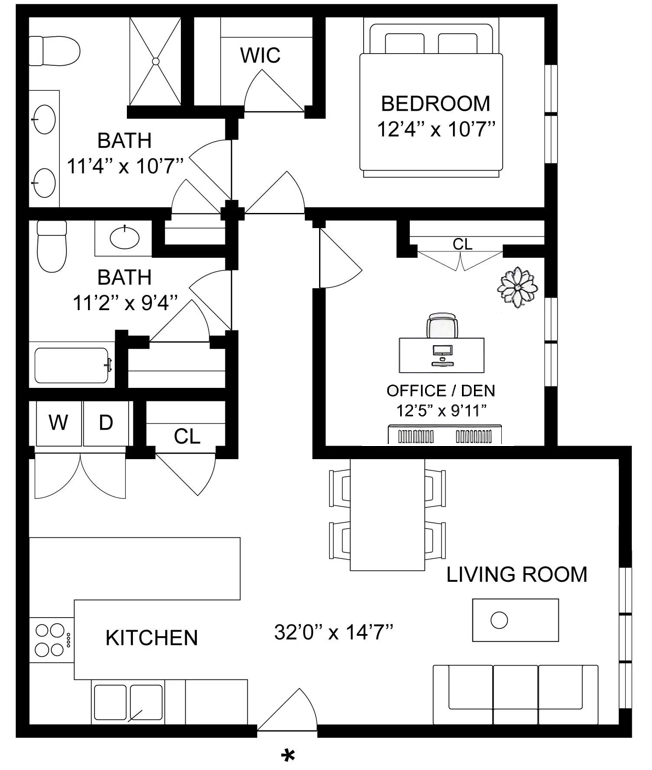 An image of a floor plan for an apartment with a living room, kitchen, two bathrooms, one bedroom and an office/den.